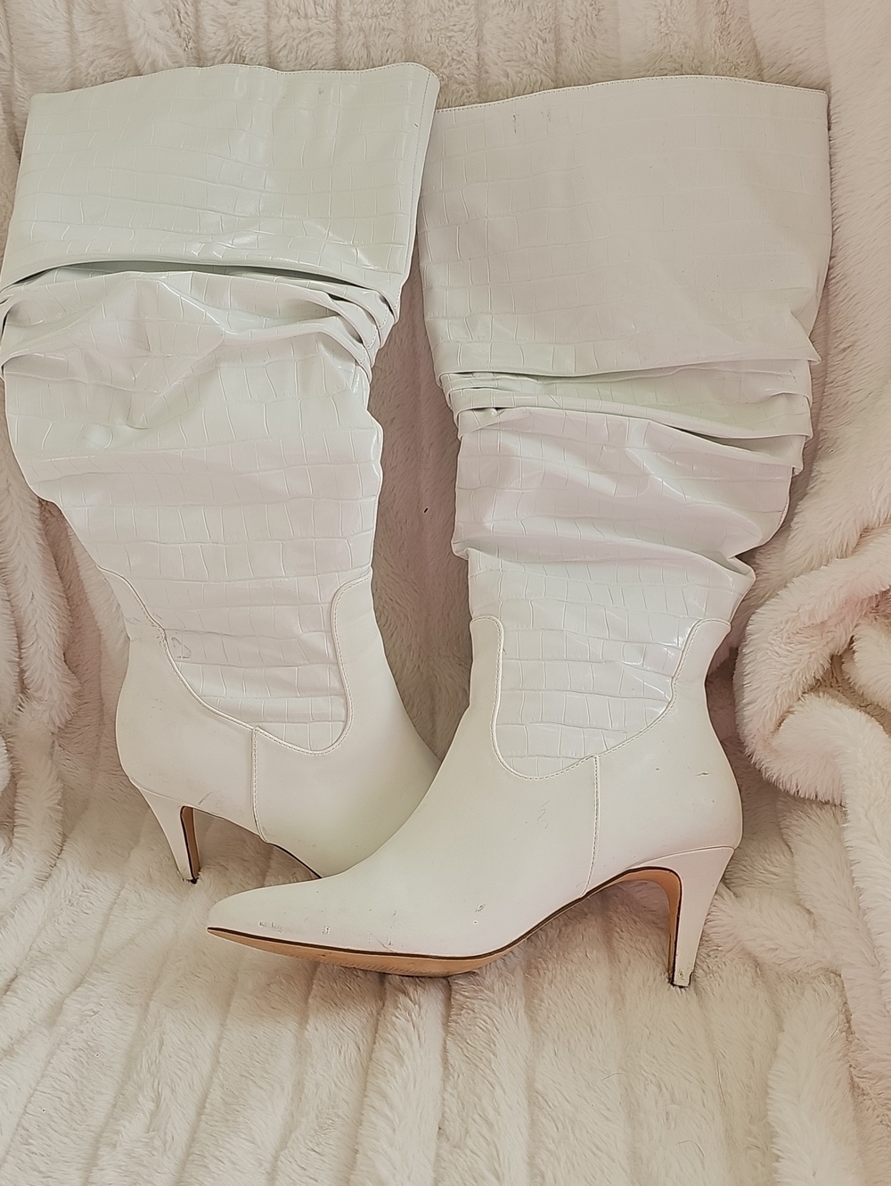 Ashro White Croc-Embossed Pointed-Toe Slouch Knee Boots
